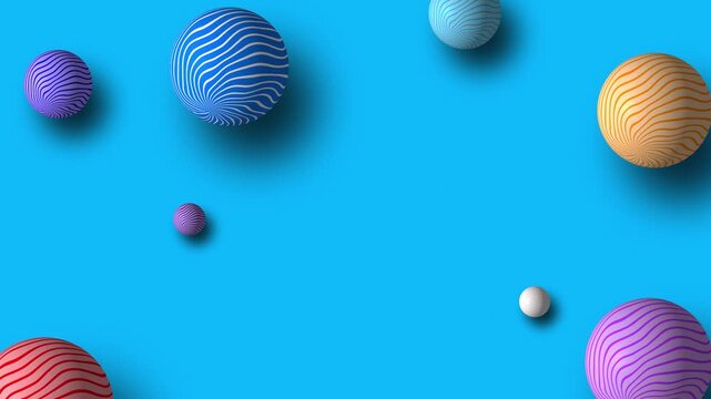 Abstract spheres with wave patterns floating on light blue background. Dynamic 3d balls moving in space.