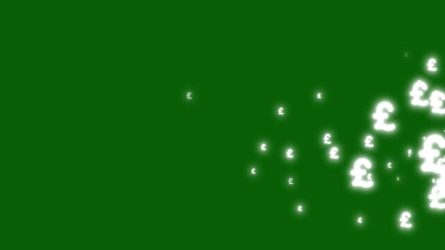 Glowing white pound sterling currency symbol rain animation on green screen, Money finance economy pound symbol, Floating British pound currency symbols, white pound sterling signs flying fast.4k