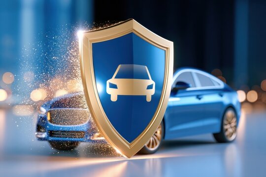 Glowing shield deflecting impact particles from blue car at night
