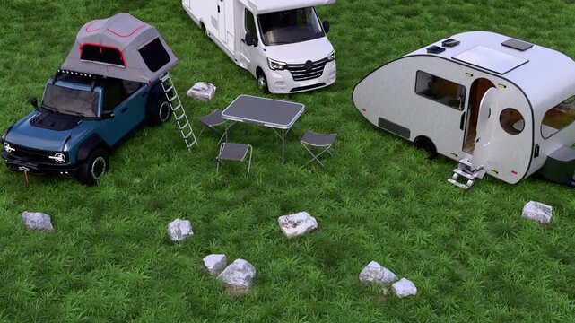  campers in green meadow