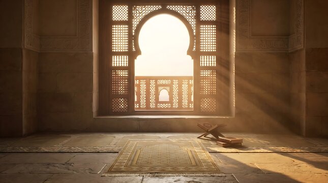 Prayer rug on stone floor inside ancient mosque with sunlight streaming through window sunlight architecture