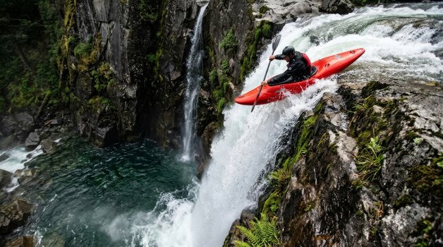 A kayaker paddles a bright red kayak down a rushing waterfall.