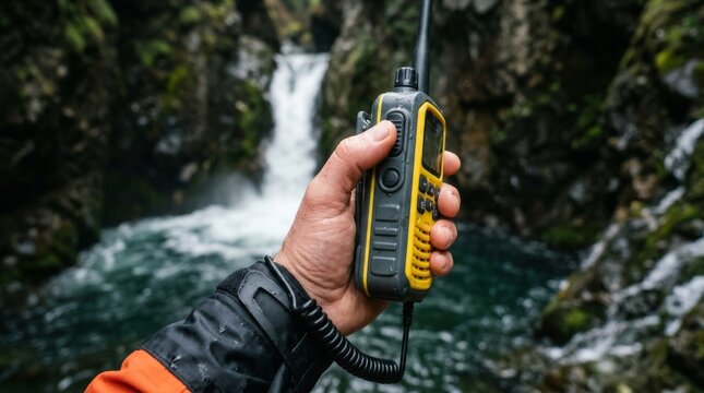 A person holds a yellow handheld radio by a waterfall.