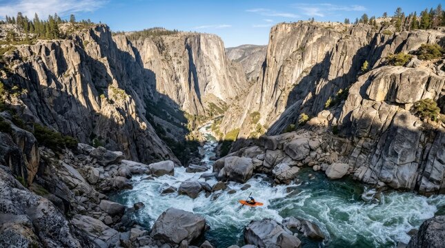 A kayaker paddles through a rugged canyon between tall rocky cliffs in an orange kayak.