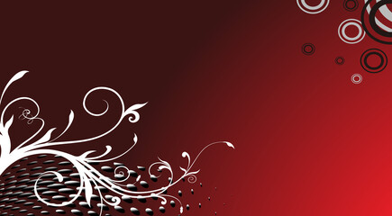 Abstract floral swirl design background with red and black halftone patterns for dramatic artistic themes. © Creative Mind