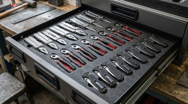 Open tool drawer shows rows of pliers and cutting tools neatly arranged.
