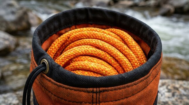 A bright orange rope is neatly coiled inside a dark bag.