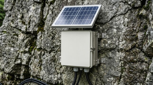 Solar panel is mounted on a stone wall above an electrical box