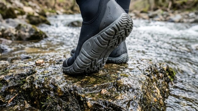 A black hiking shoe steps on wet rocks beside a flowing stream.