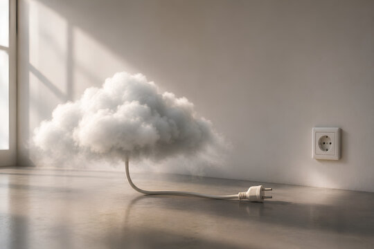 Fluffy Cloud with Power Cable Unplugged from Wall Outlet, Playful Surreal Concept of Cloud Computing Downtime, Service Outage and Digital Dependency