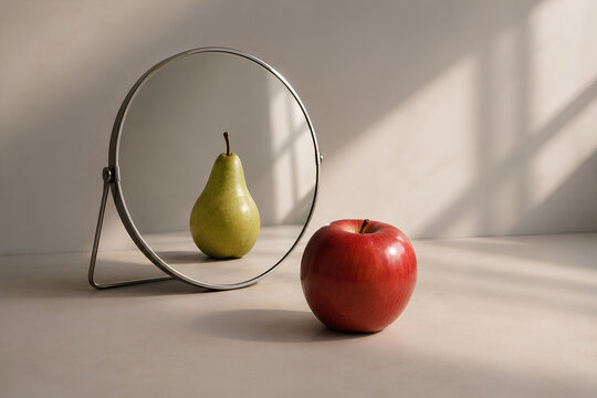 Apple Reflected as Pear in Mirror, Minimal Concept of Deepfake Technology, Synthetic Media, Manipulated Reality, Misinformation and Digital Trust