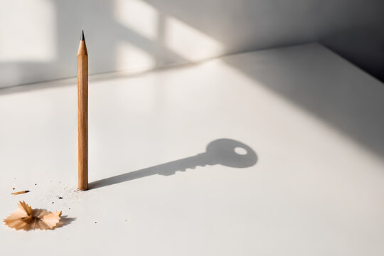 Pencil Casting Impossible Key Shaped Shadow, Minimal Concept of AI Hallucination, Misinformation, Inaccurate Output and Artificial Intelligence