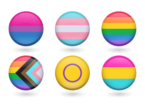 LGBTQ+ pride flags in colorful glossy buttons transparent background