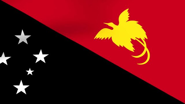 Waving national flag of Papua New Guinea with official colors and bird of paradise emblem