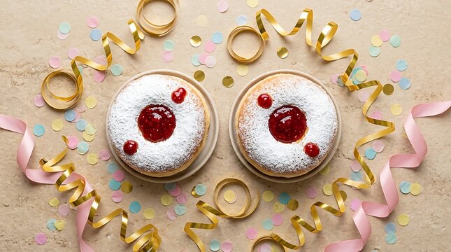 Two Traditional Hanukkah Sufganiyot Jelly Donuts with Powdered Sugar and Red Jam on Festive Table with Gold Ribbons and Confetti, Top Down Food Photography for Jewish Holiday Celebration Background