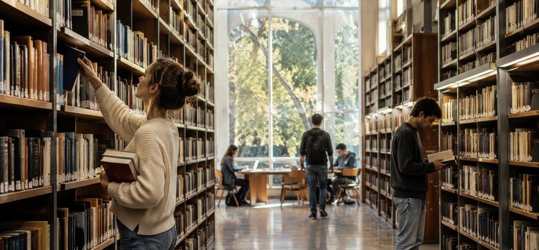 Students browsing tall library shelves during a quiet research session