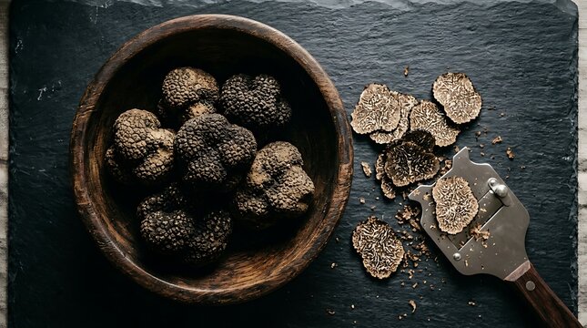 Gourmet Black Truffles in a Wooden Bowl with Slices and a Truffle Shaver on Dark Slate Background, Luxury Culinary Ingredients for Fine Dining Restaurants