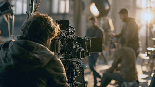 Film production crew working on movie set with professional video camera cinema light setup behind the scenes video shooting process film director cameraman filming in bright studio location