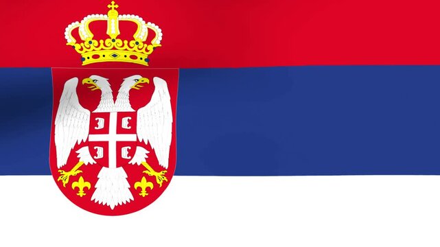 Waving national flag of Serbia with official colors and coat of arms emblem