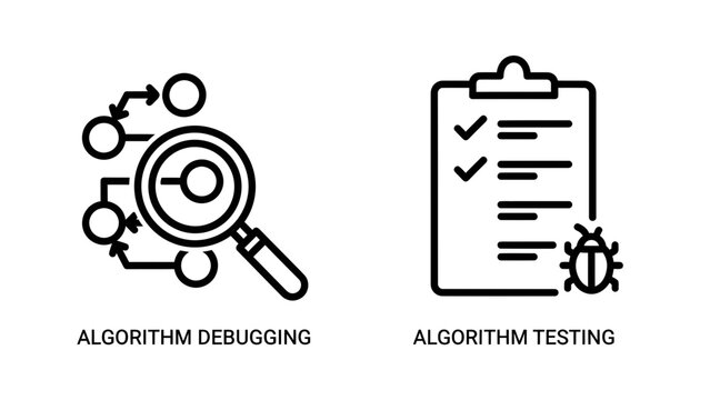 Software development debugging and bug testing line art icons with debugging