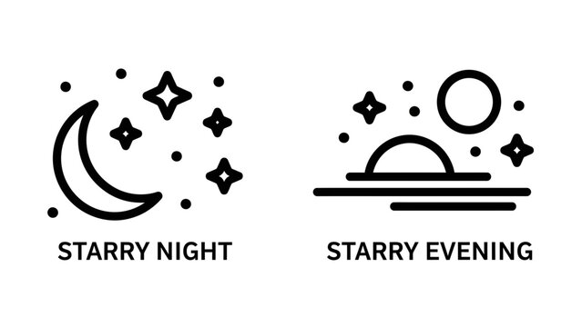 Starry night and evening celestial weather line icon set with crescent, twilight