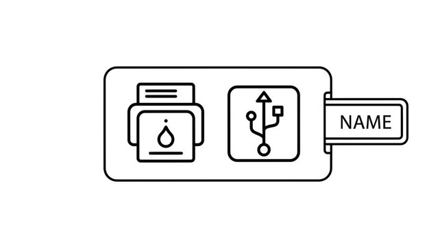 Printer document file icon and usb connection port icon with nametag identifier