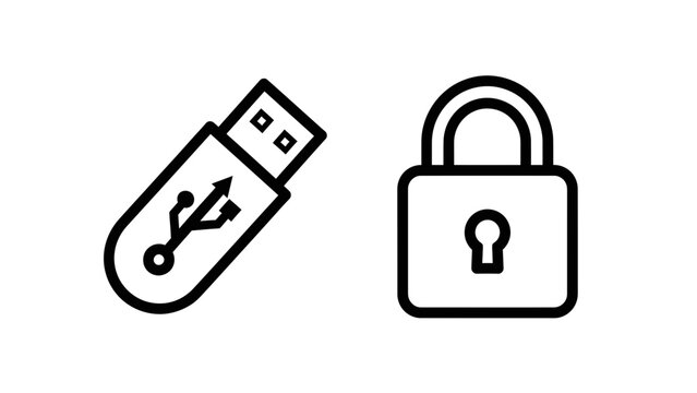 Data security and protection icons set usb drive and padlock symbols