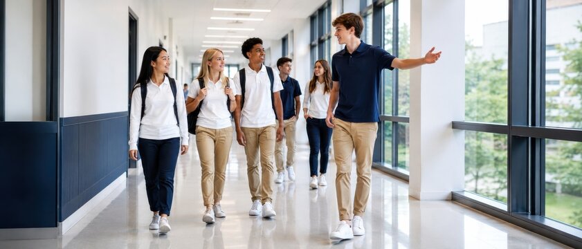 Diverse group of students walking down a school hallway, one guiding others