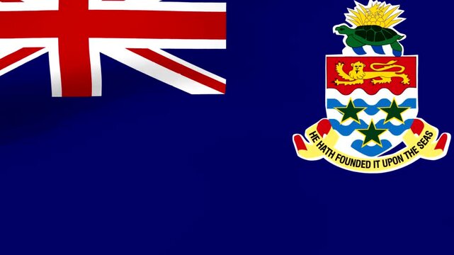 Waving national flag of the Cayman Islands with blue background and detailed coat of arms