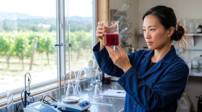 Laboratory testing and titration of a grape juice sample in a vineyard lab, a portrait of a Chinese-born oenologist holding a flask of juice up to the light, copy space on wine production