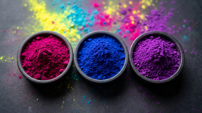 Three bowls filled with colored holi powders multi colored festival celebration tradition creative scattered religion powdered colorful supplies material decoration aesthetic cultural