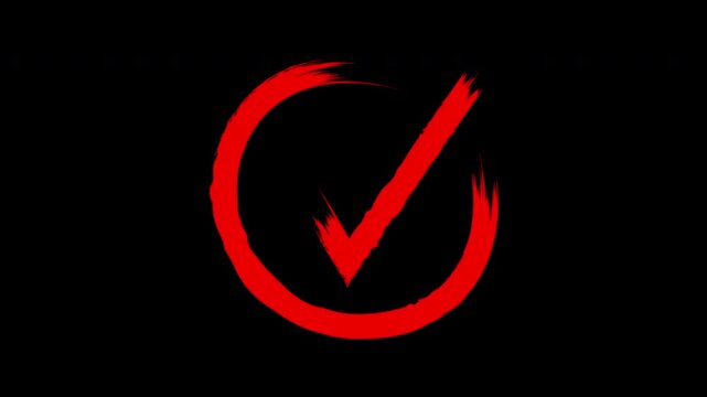 Red Hand Drawn Check Mark Circle Animation Stroke Brush Effect on Black Background