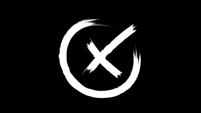 White Hand Drawn Cross Mark X Symbol Circle Animation Brush Effect on Black Background