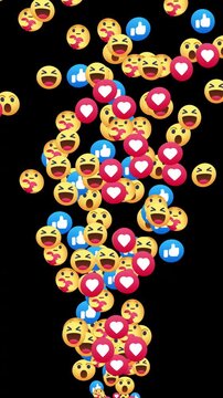 Live streaming animated icon. Animated social media reaction emojis and hearts ,care, like, haha, sad, care icon floating upwards on a black background. 4k animation
