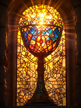 A bright and colorful stained glass window of the holy grail
