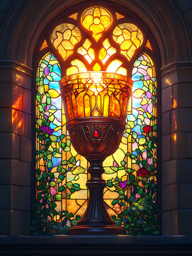 A bright and colorful stained glass window depicting the Holy Grail.