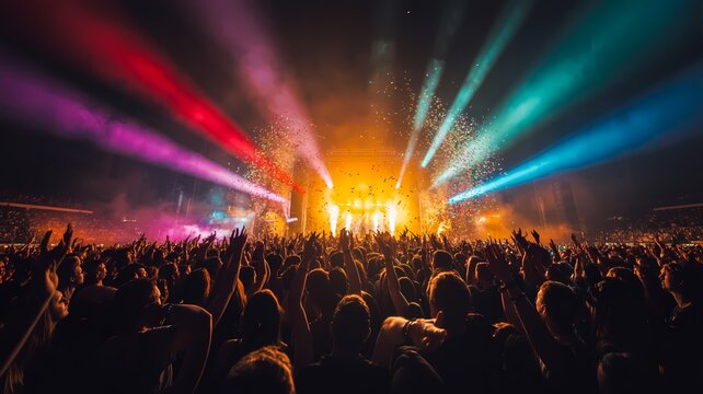 A massive crowd of excited music fans dancing with hands raised in the air inside a large dark arena illuminated by vibrant colorful laser beams and falling confetti during a live concert event