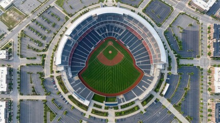 Obraz premium Aerial view of a baseball stadium with a green field and surrounding parking lots image photo