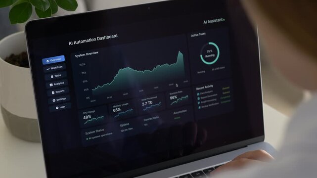 Person interacting with AI automation dashboard showing analytics graph and performance data. Digital intelligence, software monitoring and data driven workflow concept.