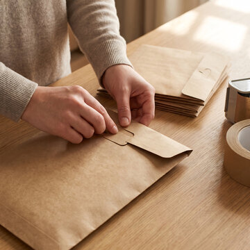 Hands folding and closing the final flap of a kraft shipping mailer