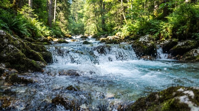 A clear, fast-flowing river rushes over rocks in a lush, green forest. Sunlight filters through the trees, illuminating the water and moss-covered stones.