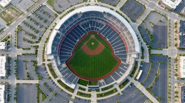 Aerial view of a baseball stadium with a green field and surrounding parking lots image photo