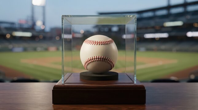 Baseball in a glass display case on a wooden stand with stadium background image photo