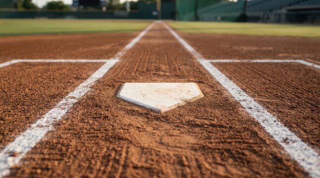 Baseball home plate and base lines on dirt infield close-up image photo