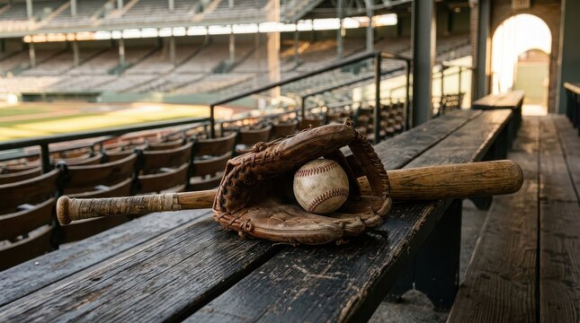 Baseball glove bat and ball on wooden bench in stadium seating area image photo
