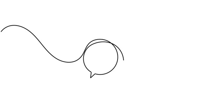 Modern speech bubble frame icon inside circle round sign continuous one line drawing moving on white background minimalist single art best advertisement and announcement communication symbol animation