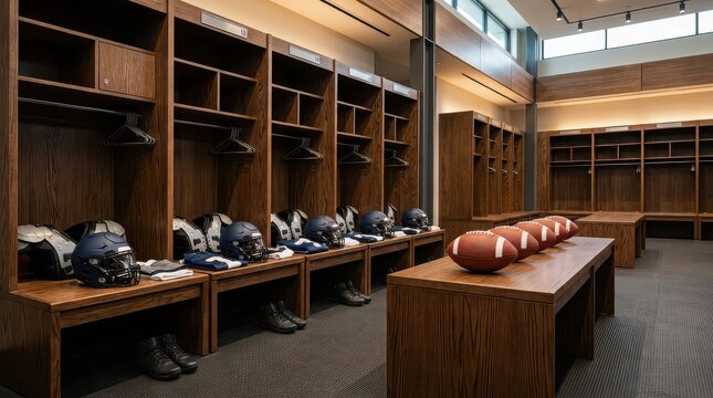 American football locker room with helmets pads and footballs on benches sport game