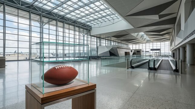 American football displayed in a glass case inside a modern airport terminal sport game