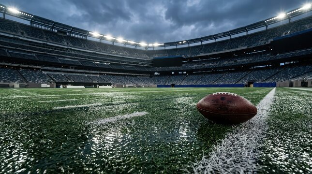 American Football on Wet Stadium Field with Empty Stands