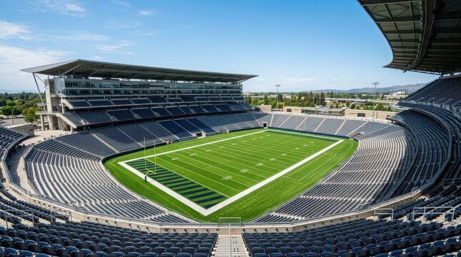 Vast Football Stadium with Green Field and Blue Sky soccer empty